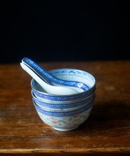 Set of 3 Blue & White Chinese Porcelain Soup Bowls with Matching Spoons