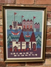VINTAGE SWEDISH HANDMADE WOOLLEN EMBROIDERY OF SHIPS/BOATS IN A HARBOUR