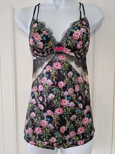 Womens Ann Summers Black Floral Satin Lace Mesh Strappy Cami Knickers Set 8 New.