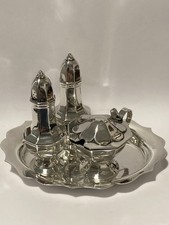 Elegant Vintage Silver Plated 3 Piece Cruet Set on Sheffield A1 Plate Tray.