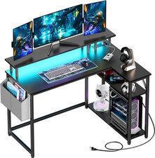 L-Shaped Gaming Desk with LED Lights & Power Outlet – 118CM Corner Style