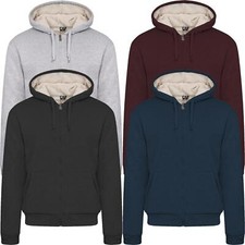 Mens Fur Lined Hoodie Jacket Padded Sherpa Fleece Hooded Winter Plain Zip Thick