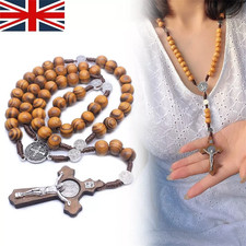Wooden rosary necklace brown crucifix catholic cross prayer worry beads