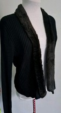 Vintage Kasper Black Ribbed Faux Fur Trim Cardigan L