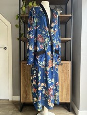 Zara Satin Kimono M 10 12 14 Blue Oriental Floral Open Front Oversized Pockets
