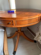 Vintage Round Wood Drum Table Drawers Corner Desk Small Compact Table Pedestal