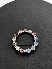 Genuine Swarovski Silver Tone Red, Blue and Clear Crystal Brooch