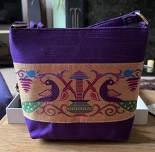Purple Silk Handbag Peacock Decoration Waterproof Lining Long Strap India-made