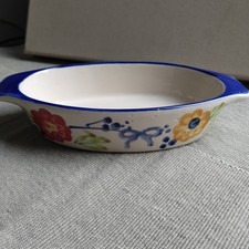 Studio Pottery Ramekins, Hand-painted Flowers  Blue White Oval Oven Dish