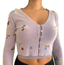 Zara Cardigan Floral Embroidered Crop Lilac Boho Wool Alpaca Blend V Neck size S