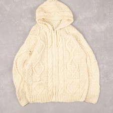 Vintage 90s Full Zip Hooded Knitted Cardigan M Wool Men's Cream Cableknit