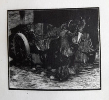 George Wood CART HORSE DRINKING Original 1927 Woodcut Print