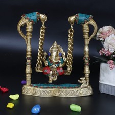 Brass Ganesha on a Swing Statue Ganesh Jhoola with Two Parrot Holding Figurine
