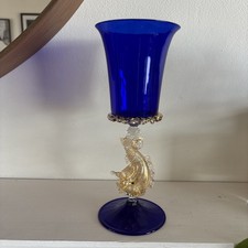 Stunning Vintage Murano 24k Gold Dust Dolphin Stem Blue Wine Glass Goblet