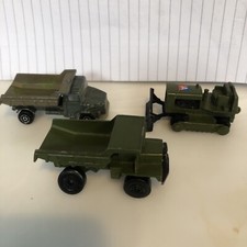 Matchbox Majorette Army Vehicles 2x Dump Trucks 1x Bulldozer (missing tracks) 