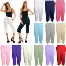 Ladies Womens Trousers Three Quarter Elasticated High Waisted 3/4 Cropped Pants