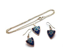 Gold Tone Blue Cloisonne Enamel Celtic Style Sea Gems Pendant Necklace Earrings
