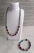 Pia Metallic Purple,Gold & Blue Beaded Necklace 18" & Bracelet &7" Preloved VGC