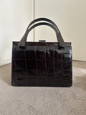 Vintage Dark Brown Crocodile Skin Handbag With Clip Top Closure