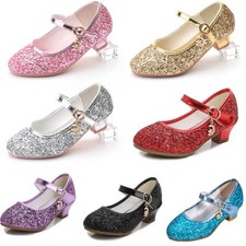 KIDS GIRLS MARY JANE CHILDRENS GLITTER LOW HEEL PARTY WEDDING SANDALS SHOES SIZE