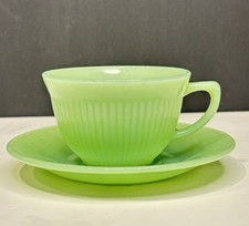 Vintage Fire King Jadeite Shell Cup & Saucer Set Green Milk Glass Anchor-Hocking