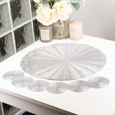 Round Placemat Coaster Set 12pc Silver Vinyl Reusable Table Mats Home Decor