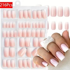 False Press-on nails Short Square Pink White Gradient Ombre Glossy 216pcs BN1285