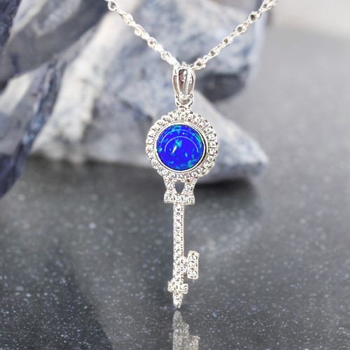 Blue opal key pendant - blue,
