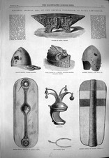 Original Old Antique Print 1869 Meyrick Shield Helmet Roman Scutum Visor Beevor