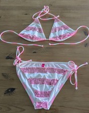 VICTORIA'S SECRET Bikini Sequin Top Pink & White Stripe Tie Bottoms LARGE