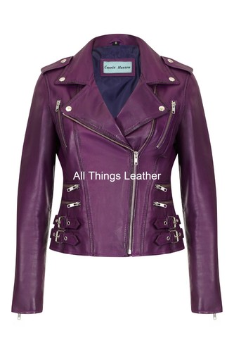 Ladies purple leather biker - ladies,