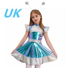 Girls Alien Costume Shiny Color Block Robot Astronaut Dress with Hair Hoop
