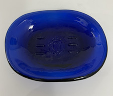 Antique Bristol Blue Soap Dish - thick heavy blue glass - Crested Glass