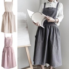Apron Cotton Linen Crossover Pinafore Dress Home Cooking Kitchen Painting