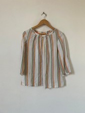 Boden Women Blouse Size 14 White Rainbow Stripe Linen Button Back Top 3/4 Sleeve