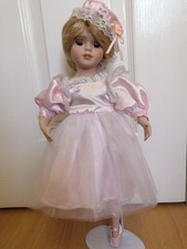16" Porcelain Pink Doll Ballerina With Hat In Posed Position