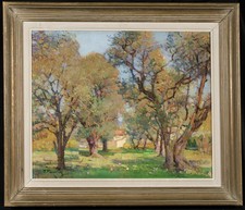 CHARLES HEULLUY (1894-1975) LARGE SIGNED FRENCH OIL BOARD - SUMMER ORCHARD 