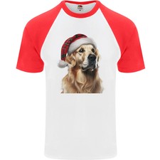 Christmas Golden Retriever Tartan Xmas Hat Dog Mens S/S Baseball T-Shirt