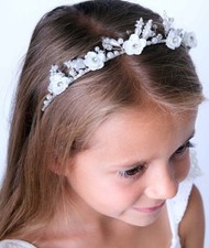 Girls Sparkly Silver Floral Pearl Tiara Headband, Flowergirl Headpiece Accessory