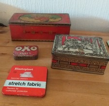 FOUR VINTAGE TINS / C.W.S BISCUIT / RILEY TOFFEE / OXO / ELASTOPLAST