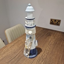 Wooden Lighthouse Ornament with Seashell and Fish Decoration 39cm Height