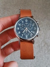 Timex Weekender Blue Chronograph Indiglo Watch Leather Strap TW2R63200 New