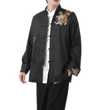 New Chinese Oriental Mens Kung Fu Black Embroidered Dragon Top Long Shirt