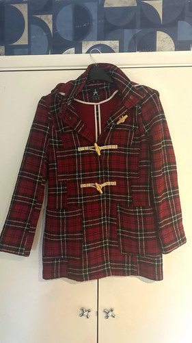 Girls red tartan hooded duffle - girls,