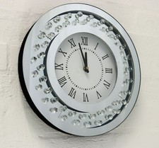 Modern Floating Crystals Bevelled Mirror Glass Round Wall Clock 35cm Silver