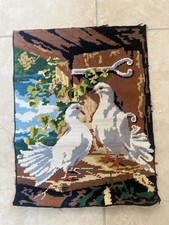 Completed French tapestry : white doves, peace, love birds, couple