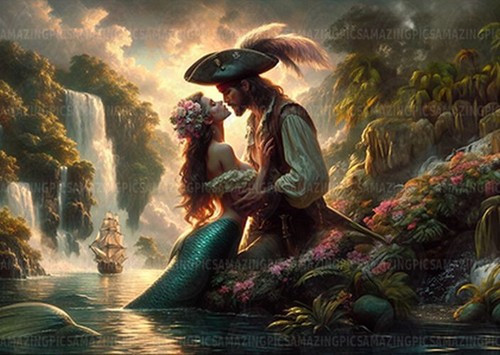 Romantic mermaid and pirate - romantic,