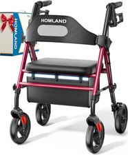 Foldable Rollator Walker with Seat For Auction 8'' Big Wheels Adjustable Red