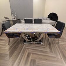 1.8m Arial White Marble Dining Table U Stand and 4 Seater Grey Buttoned Chairs