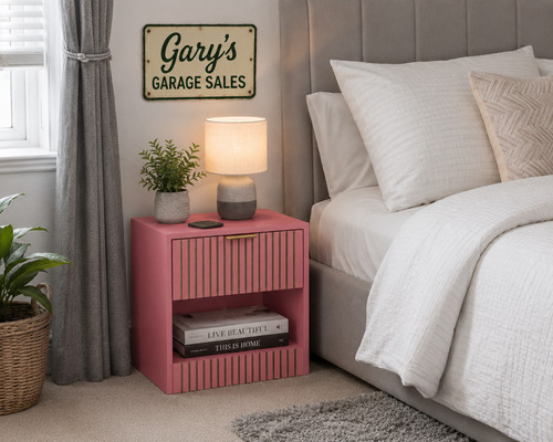 Pink bedside table with - with, drawer